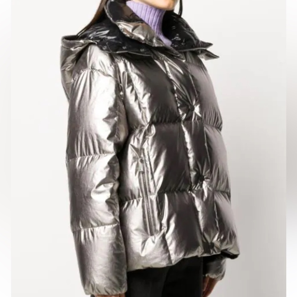 Moncler Parana Hooded Quilted Metallic Down Jacket In Silver ONLY WORN ONCE